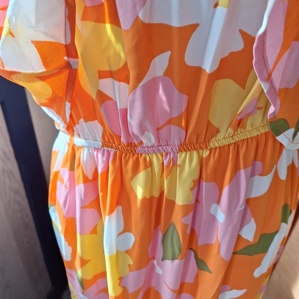 Emily Wonder Orange Floral Faux Wrap Dress, Size Large, Style#D10370, NWOT - Picture 11 of 16